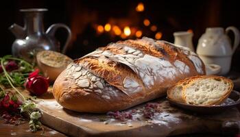 nyligen bakad hemlagad ciabatta, en rustik gourmet limpa av bröd genererad förbi ai foto