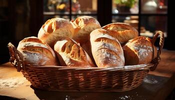 nyligen bakad baguette på trä- tabell, en gourmet måltid genererad förbi ai foto