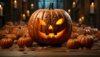 läskigt halloween lykta lysande i de mörk, höst dekoration genererad förbi ai foto