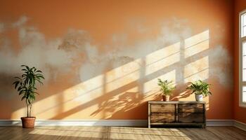 modern lägenhet med ljus solljus, växt dekor, och trä- golv genererad förbi ai foto