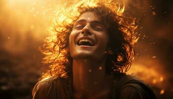 ung kvinna njuter de solnedgång, leende med ögon stängd, sorglös genererad förbi ai foto