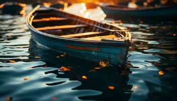 solnedgång över lugn damm, gammal roddbåt speglar nautisk skönhet genererad förbi ai foto