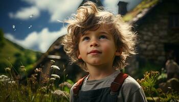 leende pojke åtnjuter utomhus- äventyr, utforska natur skönhet genererad förbi ai foto