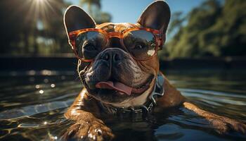 söt bulldogg valp simning, njuter sommar Sol och vatten genererad förbi ai foto