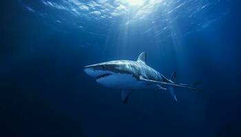majestätisk under vattnet varelse simning i blå hav, tänder skarp fara genererad förbi ai foto