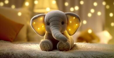 söt elefant leksak ger glädje till bebis firande inomhus genererad förbi ai foto