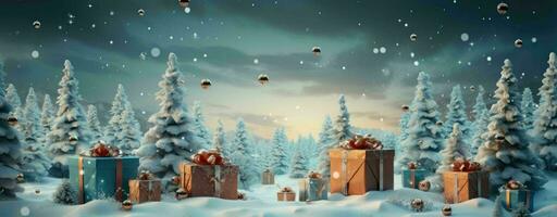 jul bakgrund med gåva lådor i snö landskap, vinter- gåva lådor på jul träd bakgrund för använda sig av tapet etc. foto