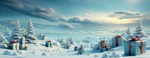 jul bakgrund med gåva lådor i snö landskap, vinter- gåva lådor på jul träd bakgrund för använda sig av tapet etc. foto