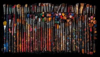en stor samling av penslar för kreativ artister genererad förbi ai foto