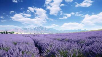 en omfattande och lugn lavendel- fält stretching ut in i de distans, bergen och en ljus himmel i de bakgrund. generativ ai foto