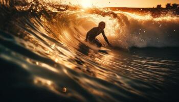 silhuett surfing på skymning, besprutning blå skönhet genererad förbi ai foto
