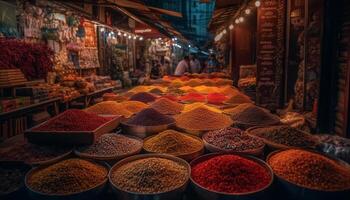 färgrik krydda bås i medina distrikt sälja exotisk kryddor och Ingredienser genererad förbi ai foto