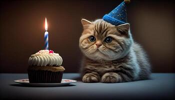 små randig kattunge med födelsedag ljus och muffin ,generativ ai foto