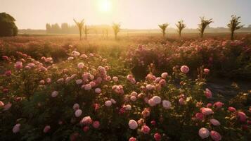 rosa reste sig fält i solnedgång ljus, i de stil av Sol strålar lysande på en fält av rosor. generativ ai foto