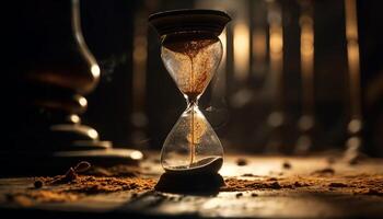 antik timglas, tid löpning ut av sand genererad förbi ai foto