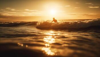 surfing män fånga vågor på solnedgång strand genererad förbi ai foto