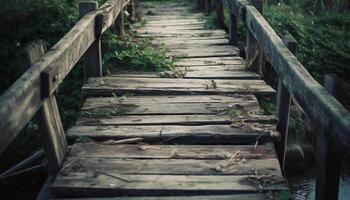 gammal gångbro över lugn vatten i skog genererad förbi ai foto