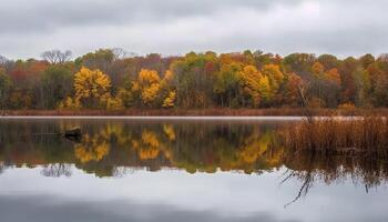 lugn höst skog speglar vibrerande mång färgad skönhet genererad förbi ai foto