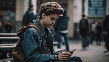 ung man, hörlurar på, textning på smart telefon i tunnelbana genererad förbi ai foto