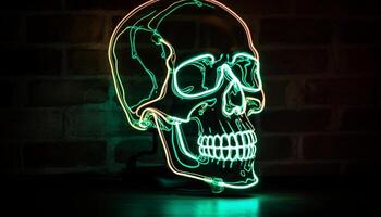 läskigt halloween bakgrund med lysande skalle symbol och abstrakt design genererad förbi ai foto