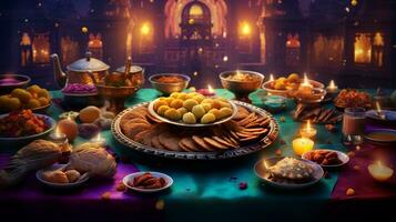 en tabell miljö med indisk mat och en lykta. ai generativ foto