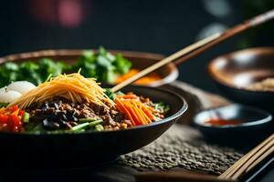 de kamera är rör på sig närmare till visa en gott och väl gillade koreanska maträtt kallad bibimbap ibland, den kan vara hård till känna till vad är happening eller Varför något är happening ai genererad foto