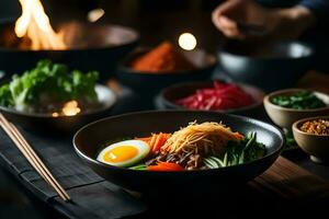 de kamera är rör på sig närmare till visa en gott och väl gillade koreanska maträtt kallad bibimbap ibland, den är hård till förstå Vad är happening och Varför den är happening ai genererad foto