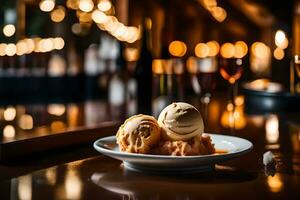 en stänga upp se av beskära armagnac is grädde, med en trevlig restaurang i de bakgrund ai genererad foto