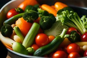 en makro bild av en veggie skål med en ljus ljus studio bakgrund ai genererad foto