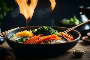 de kamera är rör på sig närmare till visa en smaskigt och väl gillade koreanska mat kallad bibimbap ibland, den kan vara hård till figur ut eller förstå Vad är happening eller Varför den är happening ai genererad foto