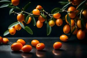 makro fotografi är när vi zoom i verkligen stänga på kumquats, medan de är mot en mörk bakgrund i en studio ai genererad foto