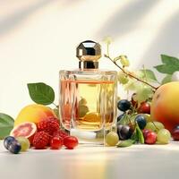 en parfym flaska är fylld med annorlunda typer av bär och frukter. ai generativ foto
