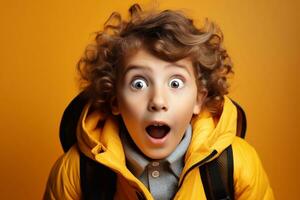 en Foto av överraskad lockigt pojke i gul jacka och ryggsäck på gul bakgrund tillbaka till skola dag begrepp generativ ai