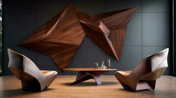modern levande rum med trä- geometrisk vägg, generativ ai foto