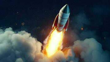 börja raket ta av. 3d raket lansera upp. begrepp av startande företag. rymdskepp med rök foto