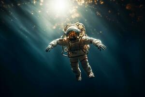 astronaut är flytande i Plats på en bokeh stil bakgrund med generativ ai foto
