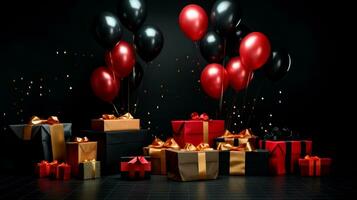 röd och svart gåvor lådor med ballonger över svart bakgrund. svart fredag begrepp. mall attrapp för text, logotyp och produkt presentation. ai generativ foto