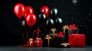 röd och svart gåvor lådor med ballonger över svart bakgrund. svart fredag begrepp. mall attrapp för text, logotyp och produkt presentation. ai generativ foto