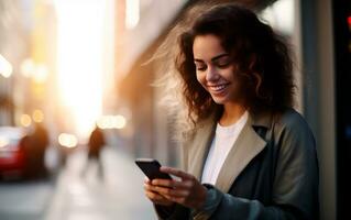 kvinna använder sig av smartphone på de gata medan leende. ai generativ foto