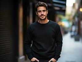 attraktiv ung man bär tom tömma svart t-shirt lång ärmar attrapp för design mall, ai genererad foto