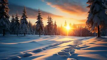 skön solnedgång i de vinter- snö landskap bakgrund, ai genererad foto