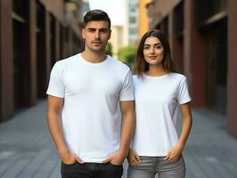 en par pojkvän och flickvän bär tom vit matchande t-tröjor attrapp för design mall, ai genererad foto