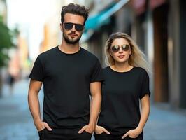 en par pojkvän och flickvän bär tom svart matchande t-tröjor attrapp för design mall foto