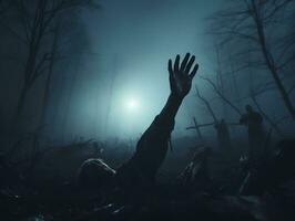 zombie hand stigande på gravsten i mörk läskigt natt, halloween bakgrund, ai genererad foto