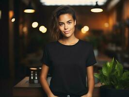 attraktiv ung kvinna bär tom tömma svart t-shirt attrapp för design mall, ai genererad foto