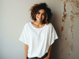 attraktiv ung kvinna bär tom tömma oversize vit t-shirt attrapp för design mall,ai genererad foto