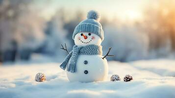 söt snögubbe i en keps och scarf i vinter- snö scen bakgrund, firande begrepp, ai genererad foto
