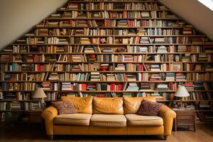 en vägg med överfyllda bokhyllor upp till de tak, en soffa Nästa till de bokhyllor. genererad förbi artificiell intelligens foto