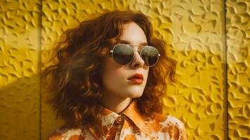 eleganta sommar mode porträtt flicka i solglasögon på pastell, ai generativ foto