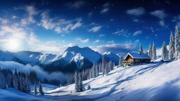 vinter- sagoland panorama, trä- hus i snöig bergen under starry himmel. generativ ai foto